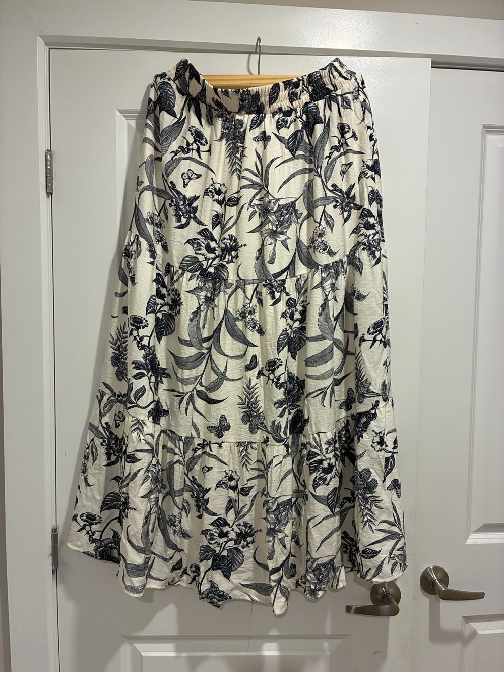 Floral Tiered Maxi Skirt in Cream and Dark Navy Blue